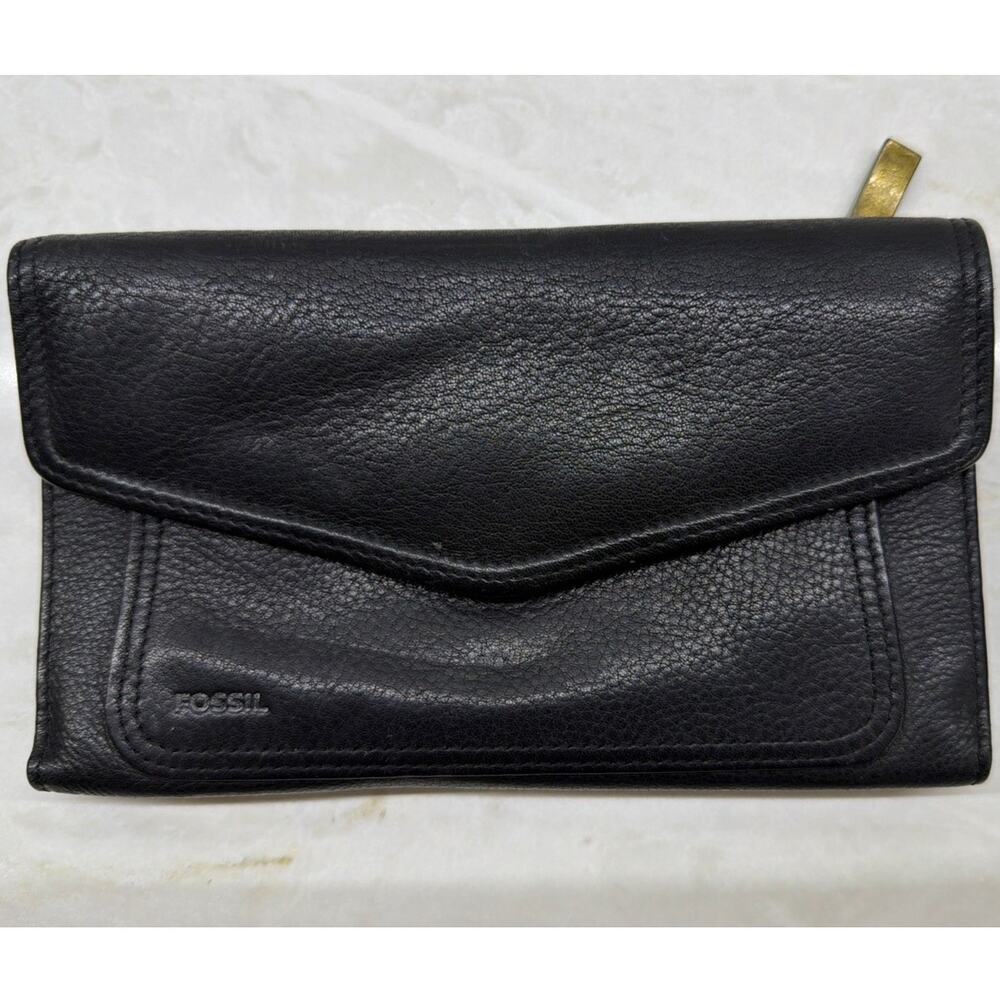 Vintage Fossil Womens Black Leather Trifold Wallet Envelope Clutch Card Holder